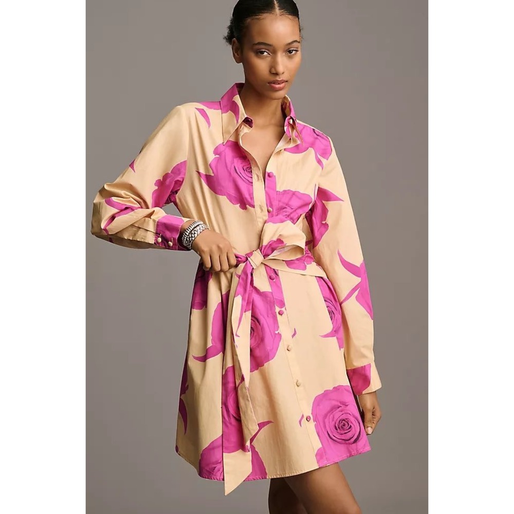 Anthropologie Hutch Women Shirt Dress Beige Pink Floral Long Sleeve Tie Waist